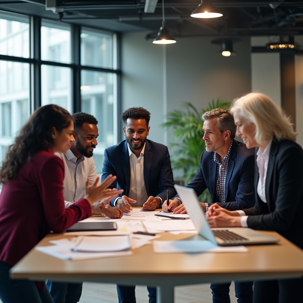 Diverse team members collaborating in modern office environment