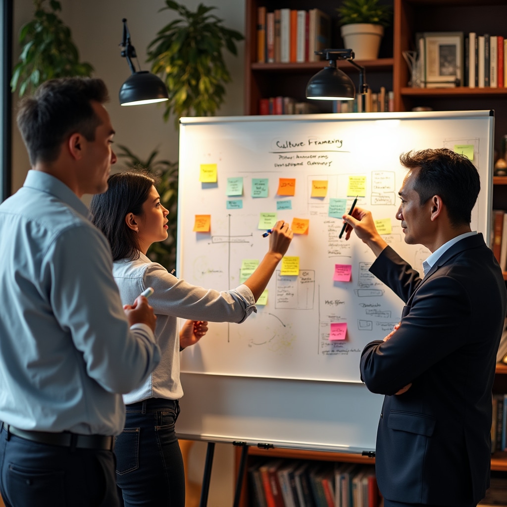 Team planning workplace culture strategy on whiteboard